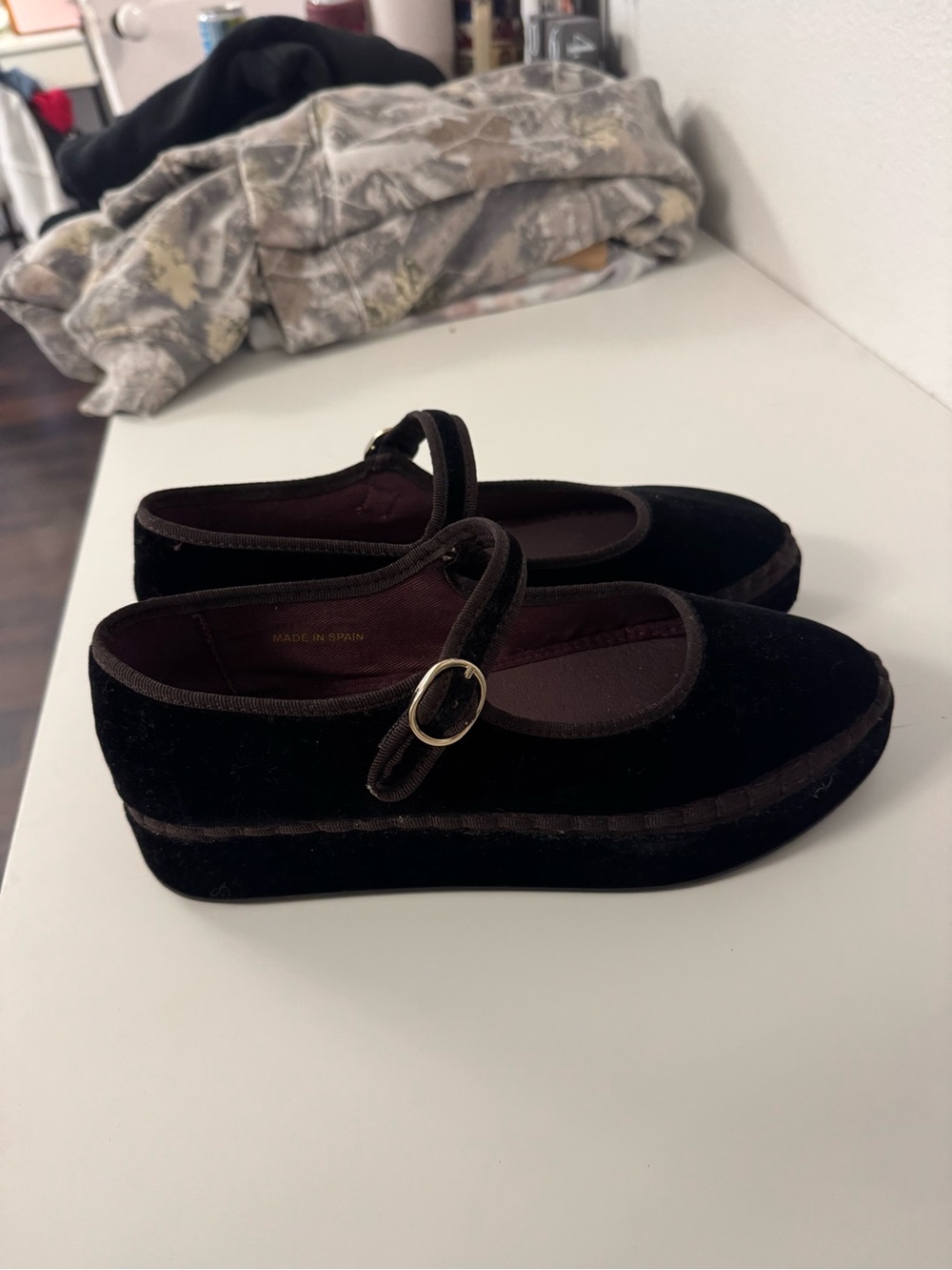 Black Velvet Mary Jane Flats with Buckle Strap